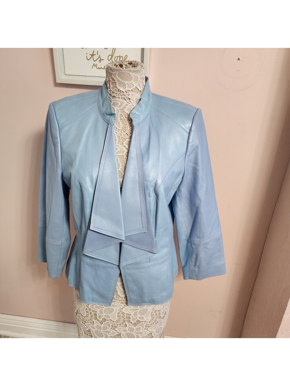 White House Black Market Light Blue Genuine Leather Jacket Size M